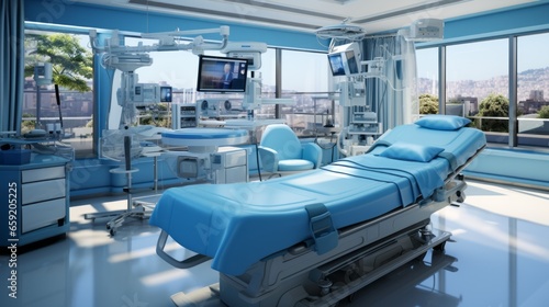 Illustration of a modern blue operating room. Generative AI photo