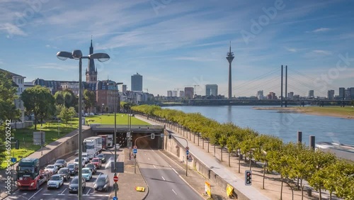 Dusseldorf city skyline aerial view drone footage of city Dusseldorf germany river brdige downtown.