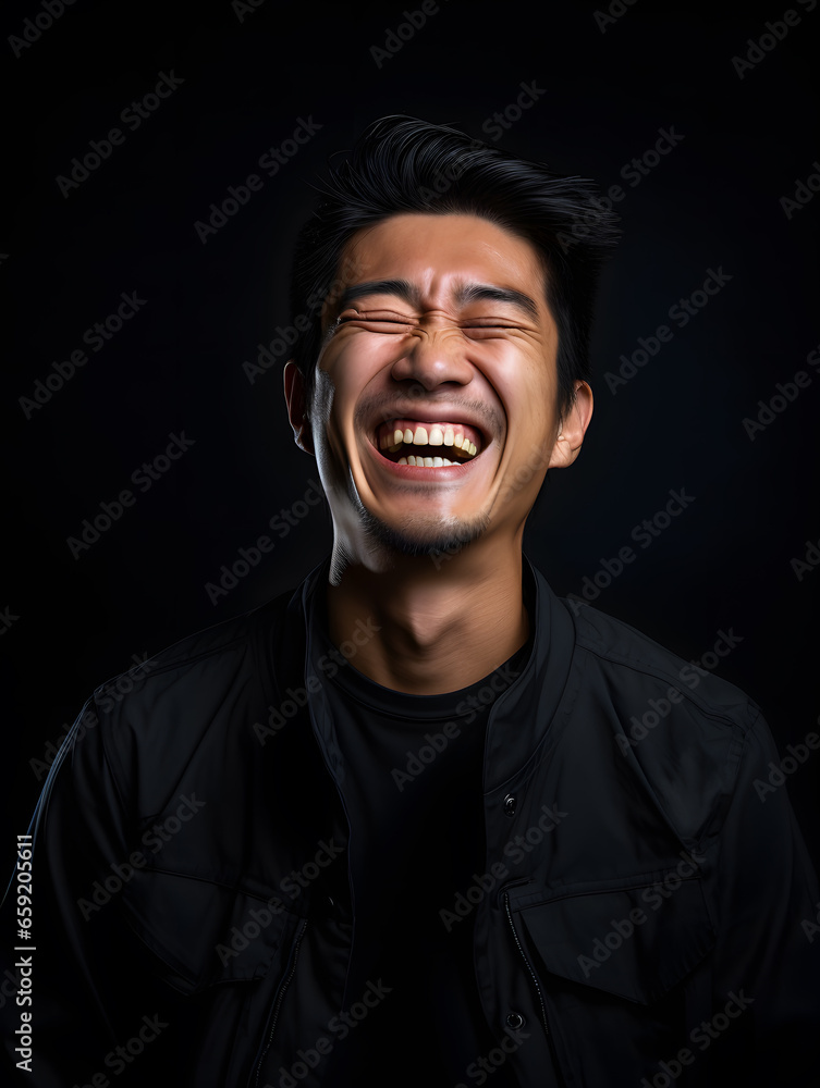 portrait of an asian man laughing, black background portrait of an asian man laughing, black background