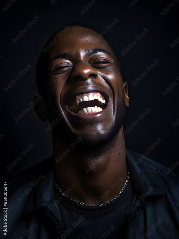 portrait of a black man laughing, black background portrait of a black man laughing, black background