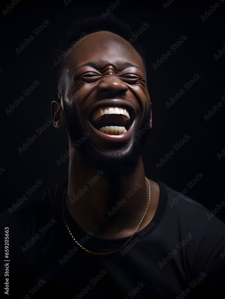 portrait of a black man laughing, black background
