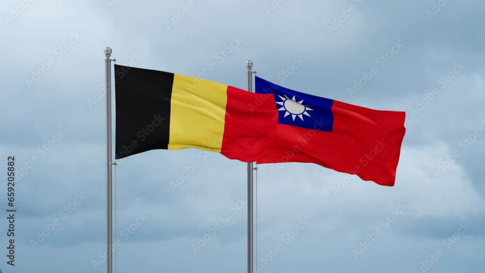 Taiwan and Belgium flag waving together on cloudy sky, endless seamless loop, two country cooperation concept Taiwan and Belgium flag waving together on cloudy sky, endless seamless loop, two country cooperation concept