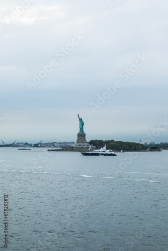 Beautiful view of Statue of Liberty on Liberty island in New York in Hudson river delta.