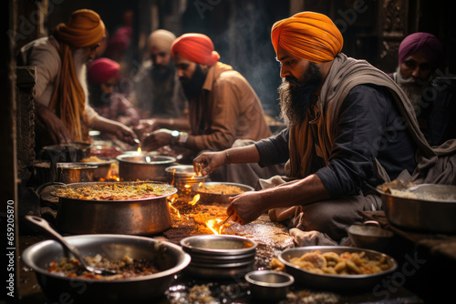 A Sikh langar, where volunteers serve free meals to all, demonstrating the principles of selfless service and equality in Sikhism. Concept of community service. Generative Ai.