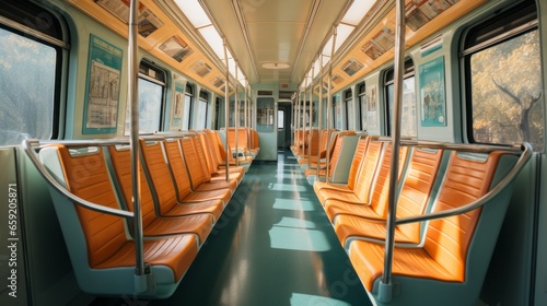 Interior of a subway car with seats. Generative AI