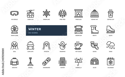 winter season cold ski goggle or christmas xmas detailed outline line icon set
