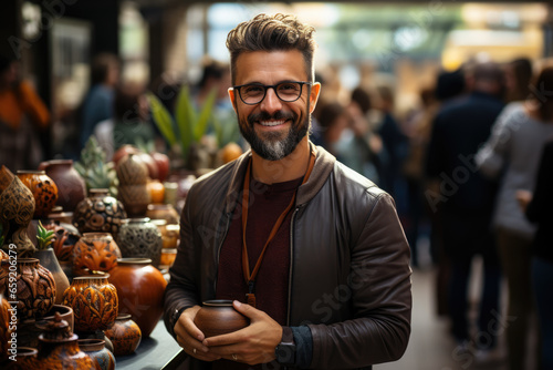 Fototapeta Naklejka Na Ścianę i Meble -  A small business owner proudly displaying their handmade products at a local craft fair, representing entrepreneurship in the artisanal sector. Concept of artisanal entrepreneurship. Generative Ai.