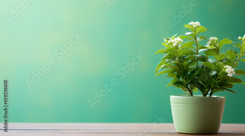 a flower pot  green background with copy space