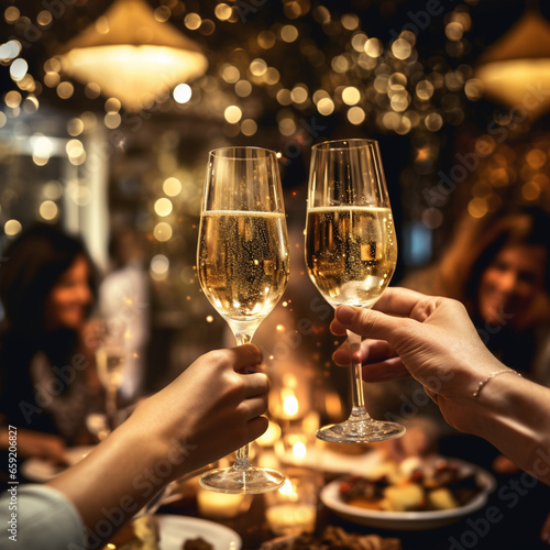 Selective focus at champagne glass in hands, cheer and toast, blur and defocus background of interior bar vibe with golden bokeh.