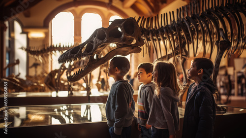 Generative AI, children, schoolchildren on an excursion to the prehistoric museum of paleontology looking at dinosaur skeletons, fossils, ancient lizards, education, architecture, boys, girls