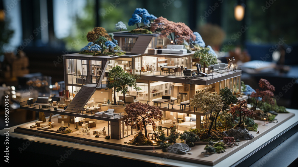 Small Scale Model of a Large House Design On the Table In A Real Estate Office. Generative AI.