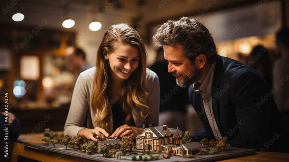 Fototapeta premium Young Adult Couple Discussing A New Housing Development Model on the Table In Front of Them. Generative AI.
