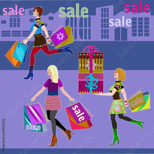 Shopping, beautiful lady or many beautiful women with shopping bag, silhouette, fashion, vector illustration