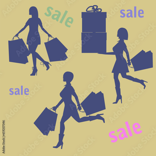 Shopping, beautiful lady or many beautiful women with shopping bag, silhouette, fashion, vector illustration