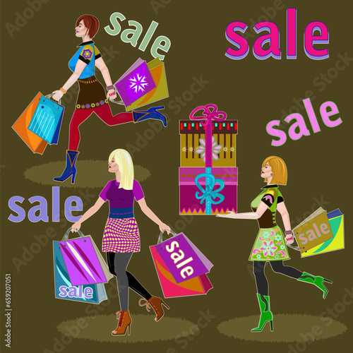 Shopping, beautiful lady or many beautiful women with shopping bag, silhouette, fashion, vector illustration