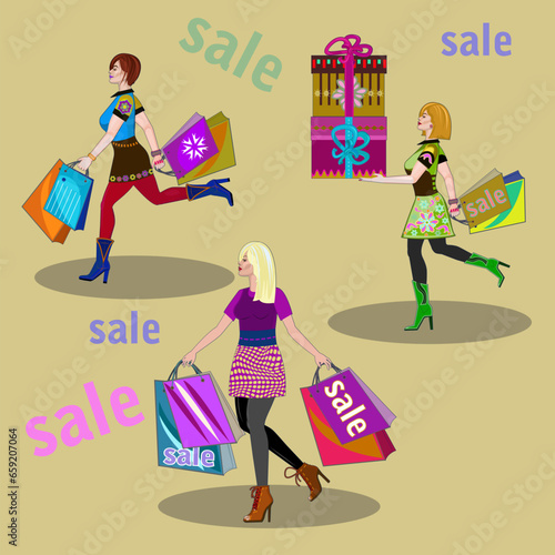 Shopping, beautiful lady or many beautiful women with shopping bag, silhouette, fashion, vector illustration