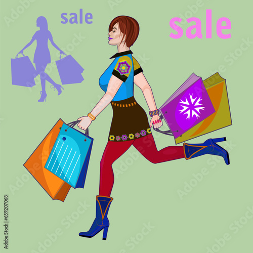 Shopping, beautiful lady or many beautiful women with shopping bag, silhouette, fashion, vector illustration