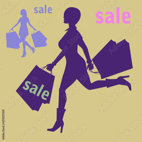 Shopping, beautiful lady or many beautiful women with shopping bag, silhouette, fashion, vector illustration