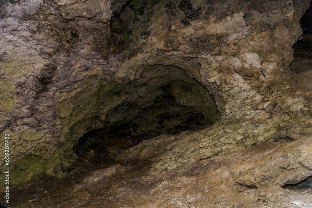 Karst cave. Background with selective focus and copy space