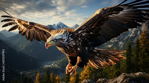 Majestic eagle soaring high above rugged mountains. Generative AI