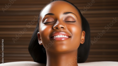 A serene african american woman relaxing with eyes closed.