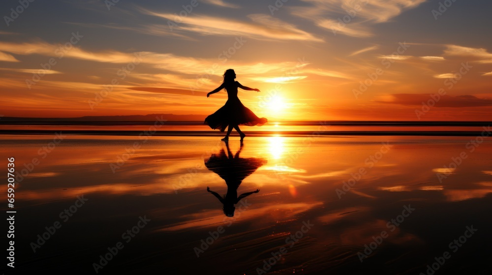 Silhouette of a woman dancing against a fiery sunset.