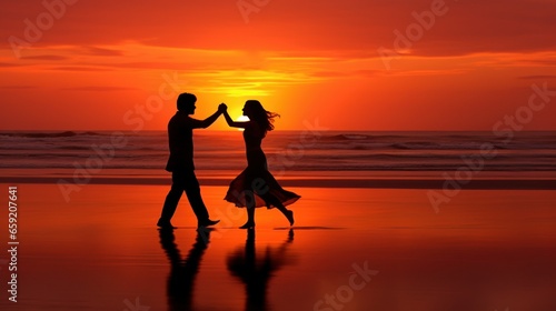 A romantic silhouette of a couple against a fiery sunset.