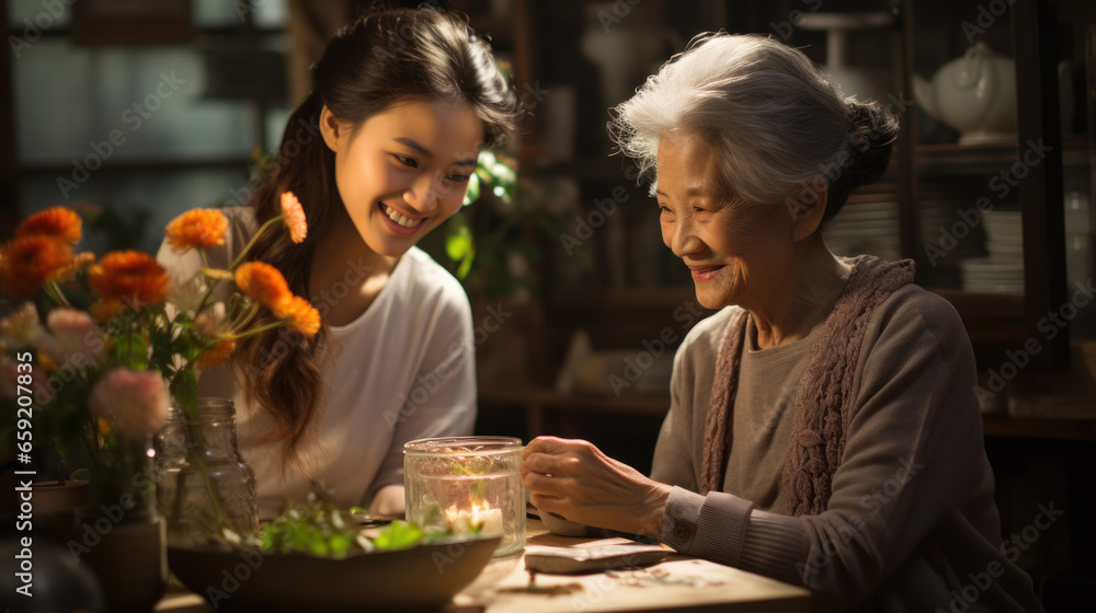 Warm conversation between a young lady and an elderly woman. Warm conversation between a young lady and an elderly woman.