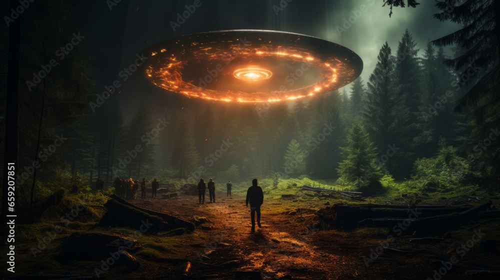 Man standing on a forest path gazing at a large UFO. Generative AI