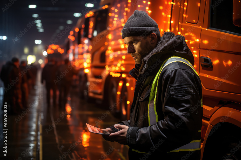 A truck driver inspecting the contents of their cargo before departure, highlighting the role of transport in supply chain management. Concept of cargo inspection. Generative Ai. - obrazy, fototapety, plakaty 