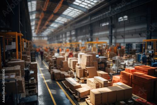 A busy distribution center with workers efficiently sorting and packing goods for shipment, showcasing the importance of streamlined logistics. Concept of efficient distribution. Generative Ai. © Sebastian