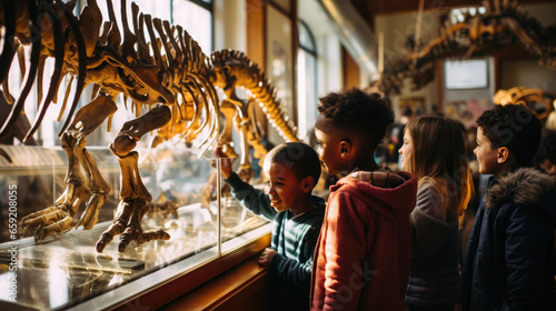Generative AI, children, schoolchildren on an excursion to the prehistoric museum of paleontology looking at dinosaur skeletons, fossils, ancient lizards, education, architecture, boys, girls photo