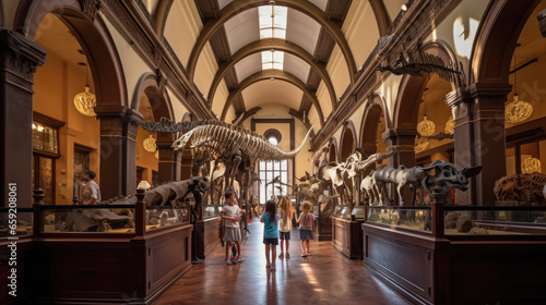 Generative AI, children, schoolchildren on an excursion to the prehistoric museum of paleontology looking at dinosaur skeletons, fossils, ancient lizards, education, architecture, boys, girls