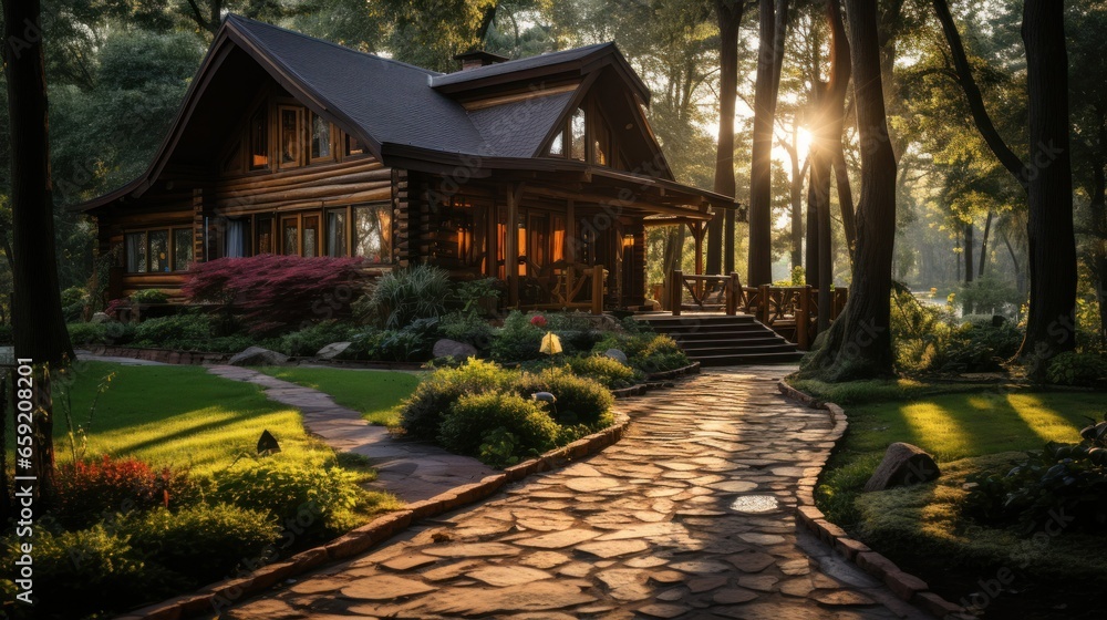 A large wooden cabin surrounded by trees during golden hour.
