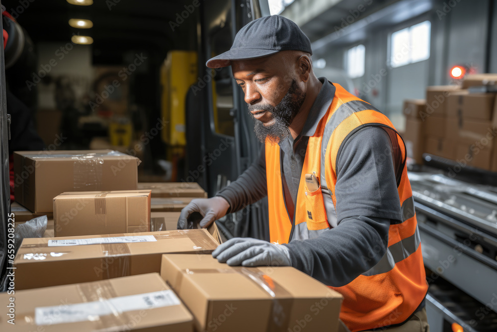 A distribution center worker loading packages onto a delivery van for the final leg of transportation. Concept of last-mile delivery. Generative Ai. A distribution center worker loading packages onto a delivery van for the final leg of transportation. Concept of last-mile delivery. Generative Ai.