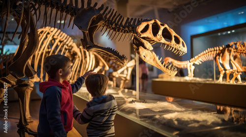 Generative AI, children, schoolchildren on an excursion to the prehistoric museum of paleontology looking at dinosaur skeletons, fossils, ancient lizards, education, architecture, boys, girls © Julia Zarubina