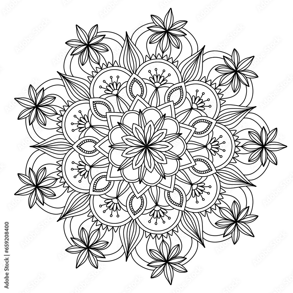 Mandala drawing on a white background, Ethnic mandala outline hand drawn, Decorative monochrome ethnic mandala pattern Islam, Arabic, Indian, morocca.