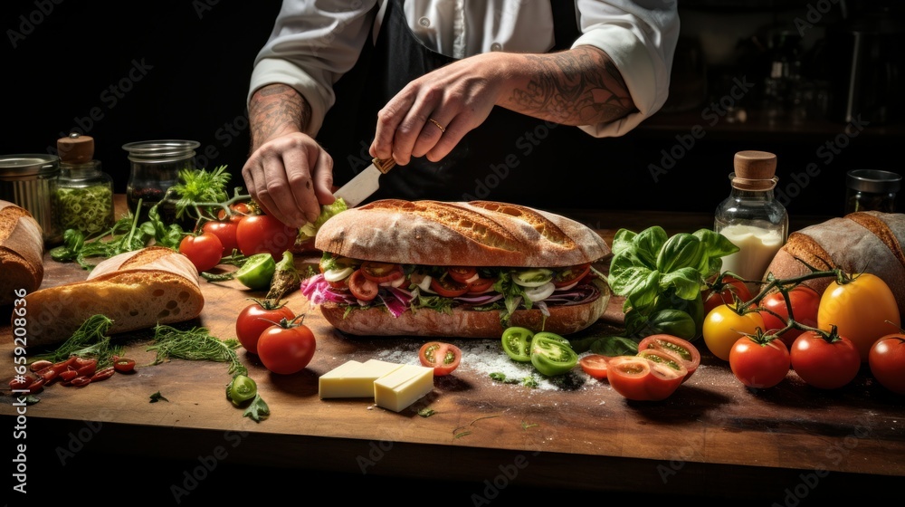 Focused man crafting a sandwich in a well-lit kitchen.