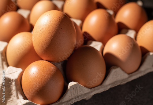 Close-up image of organic chicken eggs of the food ingredients on the restaurant table in the kitchen for cooking. Organic chicken eggs food ingredients concept.