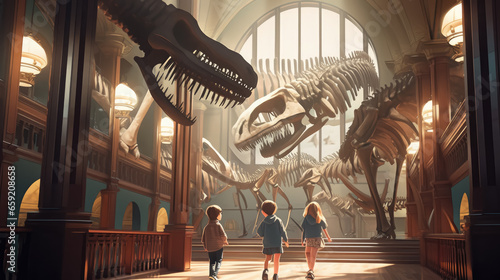 Generative AI, children, schoolchildren on an excursion to the prehistoric museum of paleontology looking at dinosaur skeletons, fossils, ancient lizards, education, architecture, boys, girls © Julia Zarubina
