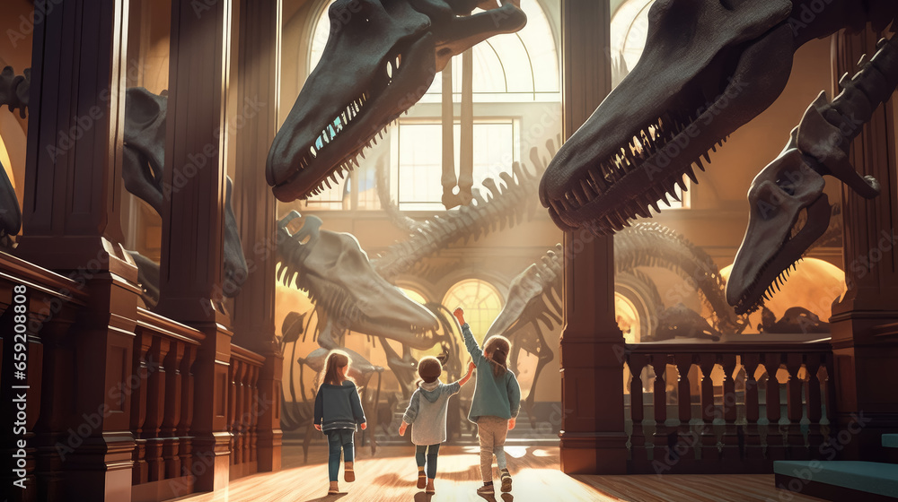 Generative AI, children, schoolchildren on an excursion to the prehistoric museum of paleontology looking at dinosaur skeletons, fossils, ancient lizards, education, architecture, boys, girls - obrazy, fototapety, plakaty 