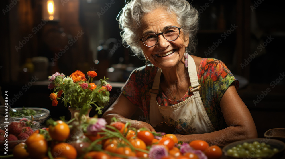 Happy elderly woman with glasses, in a kitchen setting.