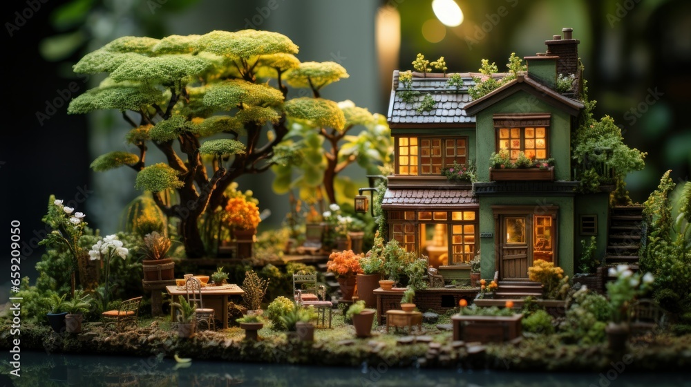 Detailed miniature of a traditional Japanese garden with a pagoda.