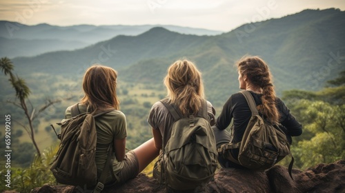Back view of three women, overlooking a vast expanse of mountains.