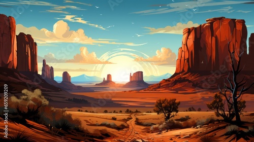 Native American western scene background with a cowboy. Generative AI © ProVector