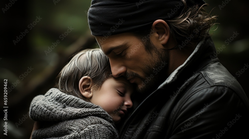 A father sharing an intimate moment with his child, their foreheads touching. A father sharing an intimate moment with his child, their foreheads touching.