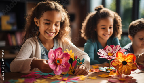 Cheerful schoolgirls making craft paper flowers and smiling.