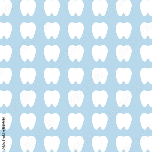 White teeth on turquoise background. Vector dental seamless pattern.
