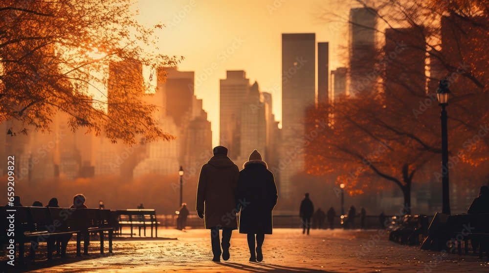 Two senior individuals walking together in a park during autumn.