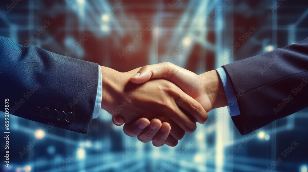 Close up of business people shaking hands against technology background, leader, teamwork, target, Aim, confident, achievement, goal, on plan, finish, generate by AI.. Close up of business people shaking hands against technology background, leader, teamwork, target, Aim, confident, achievement, goal, on plan, finish, generate by AI..